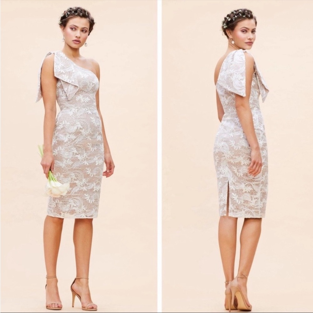Dress The Population White Thalia One-Shoulder Floral Lace Dress Size large